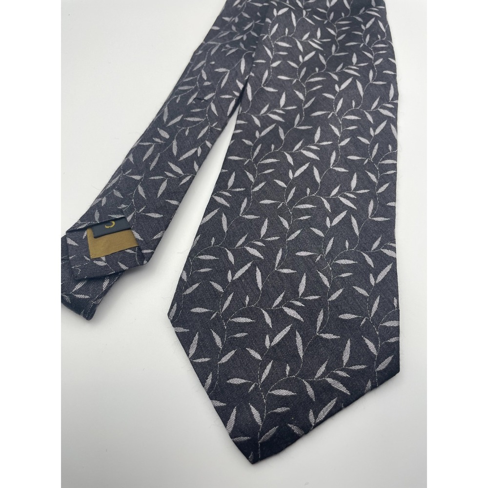 Robert Talbott Studio Mens Silk Wool Tie Charcoal Grey Silver Leaf Vine Pattern